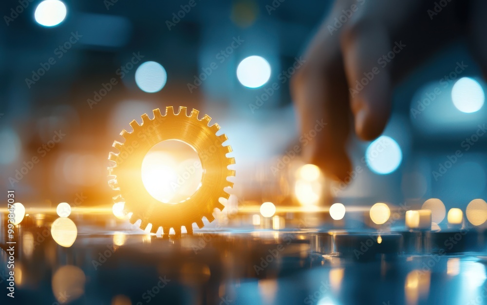 Poster a close-up view of a glowing gear being adjusted by hand in a modern workshop, emphasizing precise e