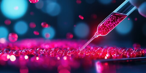 A close-up shot of a pipette dispensing vibrant red liquid onto a surface, showcasing scientific experimentation and precision.