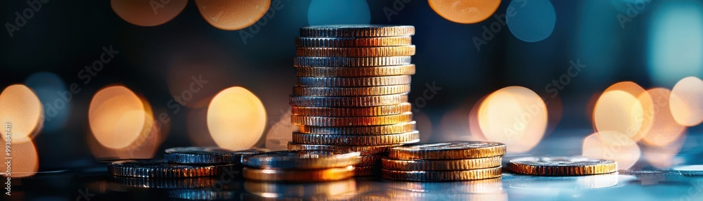 Poster a 3d close-up view of stacked coins with a blurred bokeh background, symbolizing wealth and finance 
