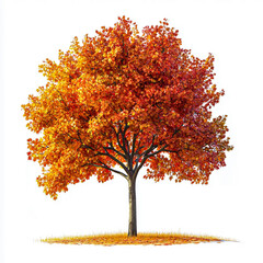 An orange and yellow autumn tree with leaves on the ground white background cut out