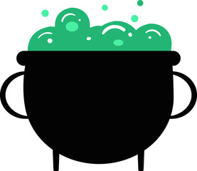 Cauldron with green magic boiling charmful bubble potion or fairy witching toxic poison soup Halloween flat design