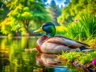 Obraz premium A peaceful drake resting by the water's edge, surrounded by lush greenery and serene nature scenery