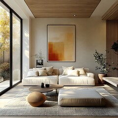 Japandi, Scandinavian interior design of modern living room. 