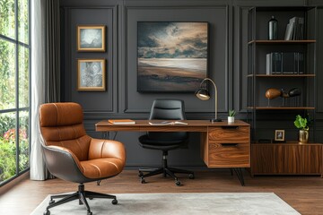 Modern Home Office with Brown Leather Chair and Desk
