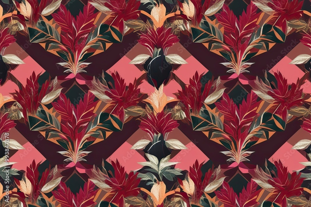 Poster elegant botanical seamless pattern with vibrant ruby accents in modern geometric style
