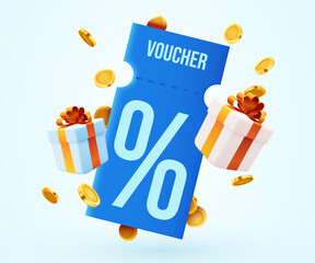 3d coupon with golden coins and present box. Special giveaway with coupons or voucher, percentage off. Gift voucher and gold coin sign template.