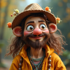 Retrato muñeco gracioso hippie con un sombrero nariz y mejillas rojas sonriente y con los ojos muy abiertos