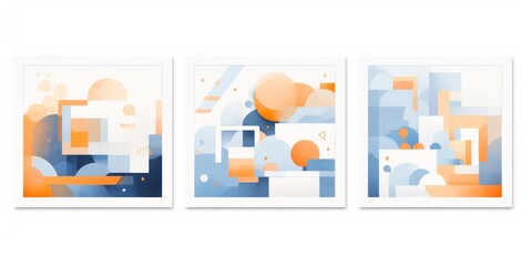 Abstract Art Paintings Featuring Geometric Shapes in Blue, Yellow, and Orange Tones Framed in Wood for Modern Living Room Decor
