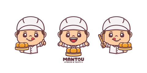 set of chef mascot with mantou