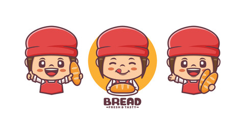 Fototapeta premium Cute girl cartoon mascot with bread