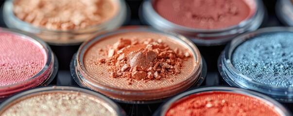 Naklejka premium Close-up of luxurious makeup beauty compacts, showcasing shimmering shades and sleek packaging. Free copy space for text.