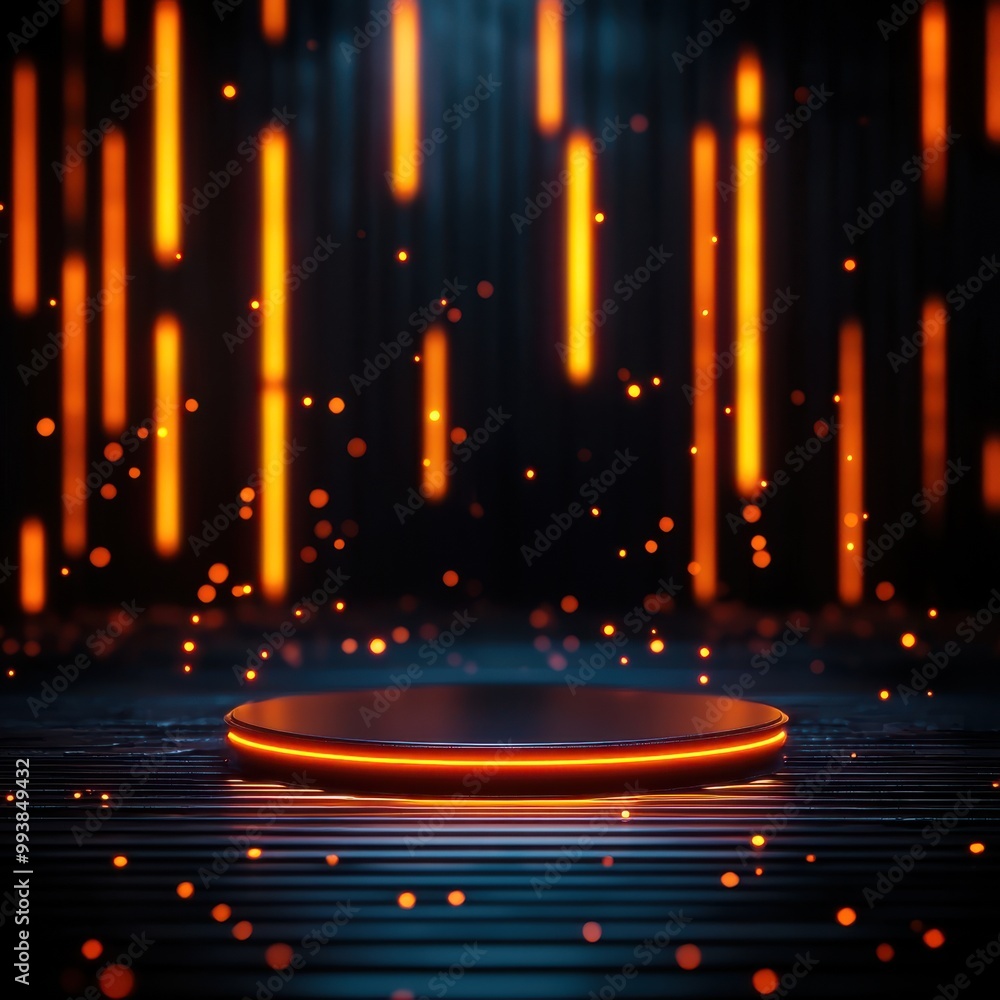 Poster a futuristic scene featuring glowing orange lines and particles, creating a vibrant and dynamic atmo