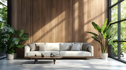 Modern Living Room with Wooden Wall and Large Window 3D Illustration