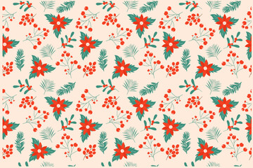 Winter seamless pattern with poinsettia, red berries. Hand drawn vector design.