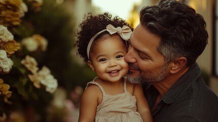 Fototapeta premium Father joyfully kissing daughter in garden during sunset, wearing summer outfits and smiling