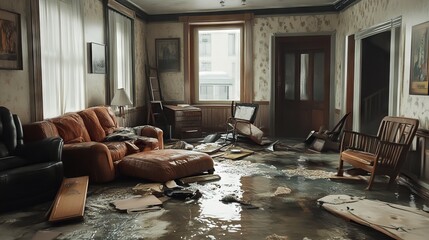 Interior Damage After Flood in Montreal Home Under Construction. AI generated illustration