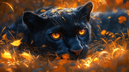 A black panther resting amidst autumn leaves, showcasing its striking eyes.
