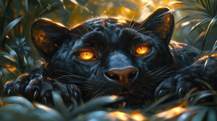 A close-up of a black panther resting in a lush, illuminated environment.
