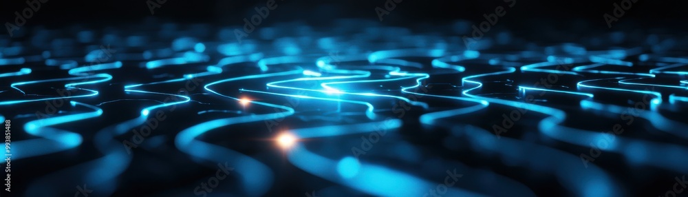 Poster a mesmerizing blue light pattern with intricate lines creating a digital maze effect, perfect for te