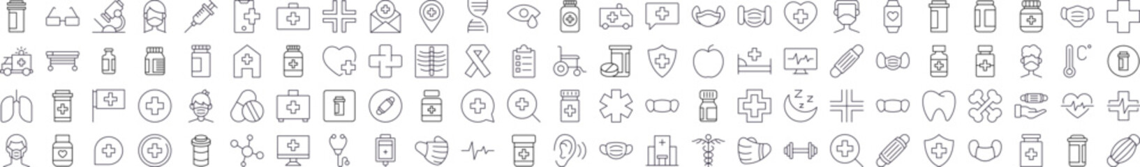 Pack of Medicine and Healthcare Related Line Icons. Editable Stroke for Design, Web Sites, Apps, Cards. Contains Linear Images of Organs, Medical Cross, Pills
