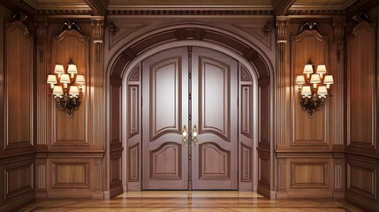 Classic Arched Double Doors with Intricate Wood Paneling and Sconces