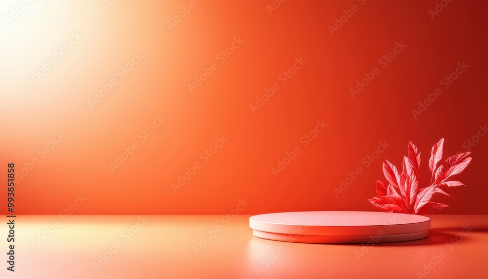 Poster a minimalistic showcase featuring a round platform against a vibrant orange backdrop with delicate f