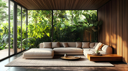 Modern Living Room with Tropical View 3D Illustration