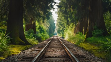 Obraz premium Rlroad Tracks Through Lush Green Forest with Sunlight