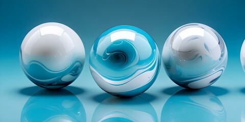 Glass marbles in various shades of blue and white, arranged on a teal background