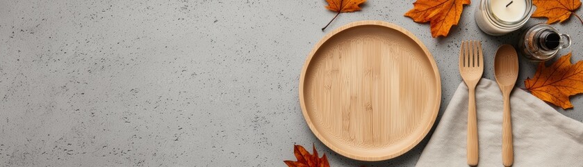 beautifully arranged table setting featuring bamboo plate, wooden cutlery, and autumn leaves, creating warm and inviting atmosphere for meal. 