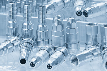 Close up scene the set of pipe connector parts in the light blue scene.