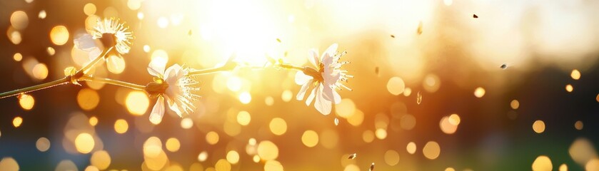 Fototapeta premium A serene composition of glowing light and delicate flowers, evoking warmth and tranquility in nature's beauty.