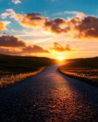A serene landscape showing a winding road under a vibrant sunset, inviting travelers to explore the beauty of nature.