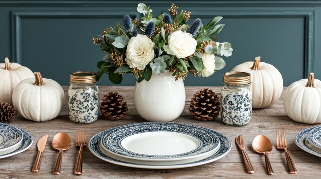 Elegant table setting with floral centerpiece, decorative pumpkins, and rustic elements, perfect for autumn gatherings. 
