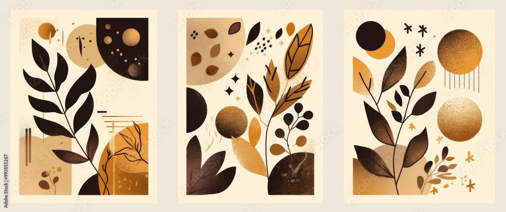 Poster modern abstract geometric shapes in bohemian art style - set of three