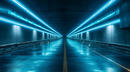 Futuristic Tunnel 3D Rendering - Blue Neon Lights