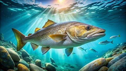 Naklejka premium Beautiful Cod Fish Swimming in Clear Blue Ocean Water Creating a Stunning Underwater Background
