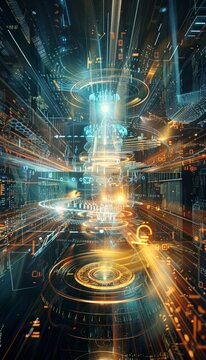 Futuristic visualization of qubits  a quantum computer surrounded by dynamic data flow and states