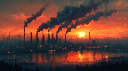 Naklejka premium Industrial Sunset: A City Bathed in Smog and Fire