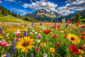 Fototapeta premium Wildflowers in bloom with majestic mountain range