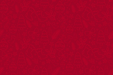 Red Christmas seamless pattern with doodles. Christmas icon texture with decorations, tree, santa socks, bauble, holly branch, bow, fir tree