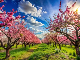 Beautiful fruit trees in a serene landscape showcasing vibrant blossoms and fresh, ripe fruits