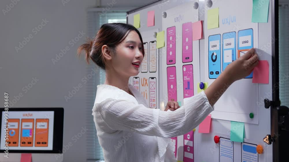 Poster web designer arranging colorful post it notes on a whiteboard for effective project planning and bra