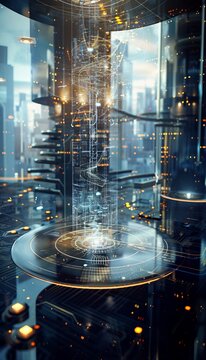 Futuristic quantum computer with dynamic qubit visualizations and data flow representations