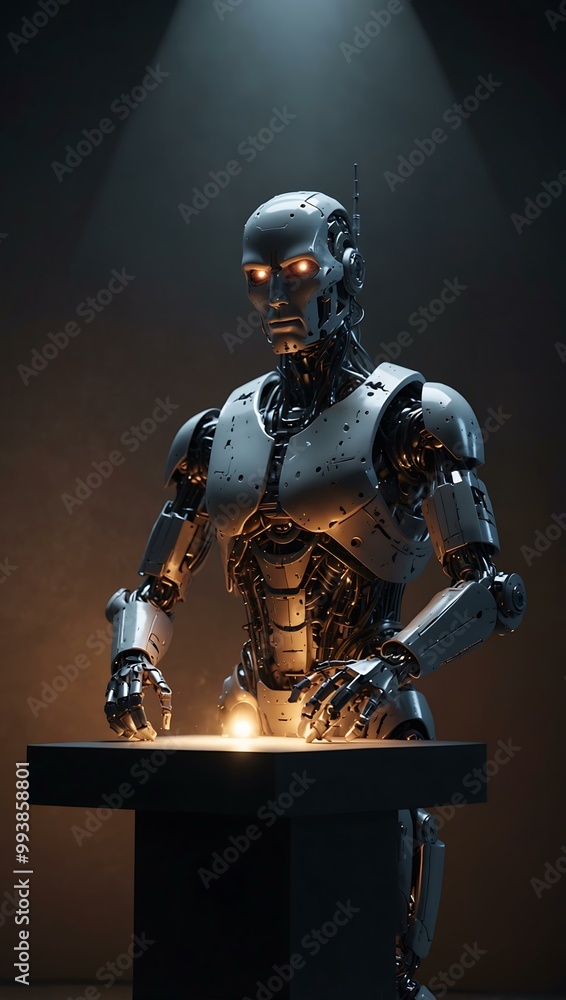 Poster futuristic robot sculptor creating a statue in a spotlight.