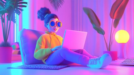 3D Cartoon Woman Working on Laptop