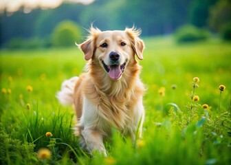 Beautiful Golden Retriever in a Lush Green Field Capturing the Essence of Playful Canine Joy