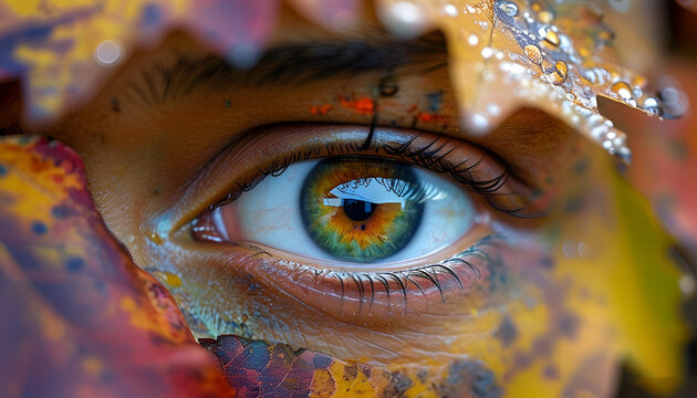Primer plano de un ojo con los colores del oto&ntilde;o. Plano de cerca del iris de una persona. Ojo cautivador en varios colores. 