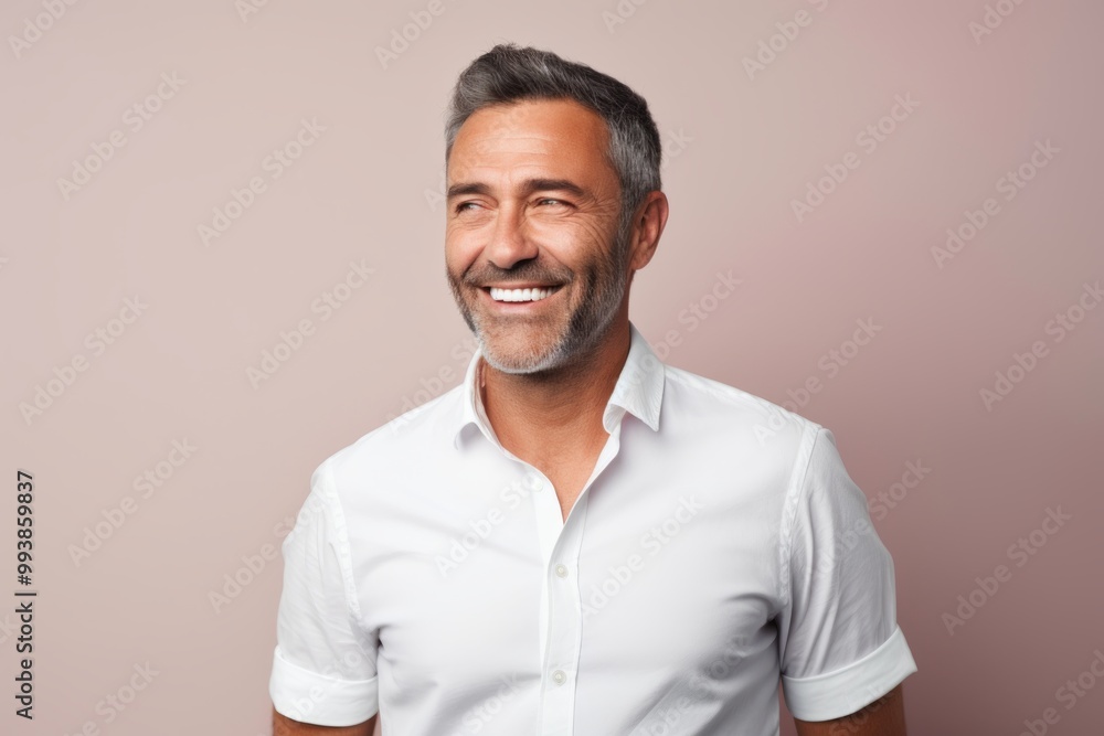 Poster Portrait of a joyful man in his 40s wearing a classic white shirt isolated in pastel or soft colors background