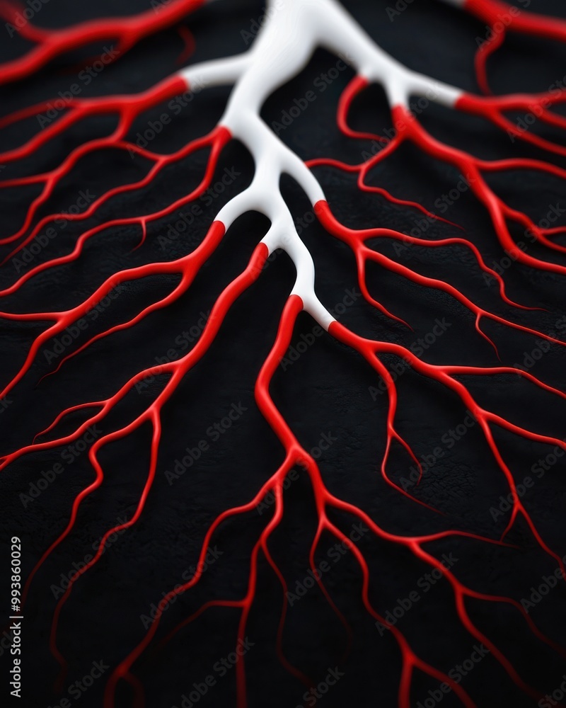 Poster abstract art featuring intricate red and white root structures on a dark background, symbolizing gro